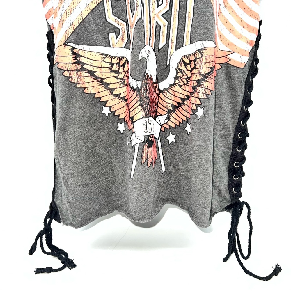 Derek Heart Patriotic Graphic Tee Laces Up The Sides- Charcoal:Crimson-Size S - Picture 3 of 9
